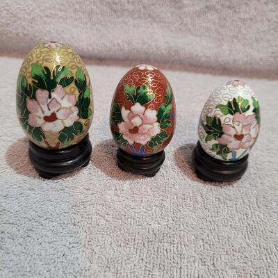 3 Cloisonne eggs w/stands