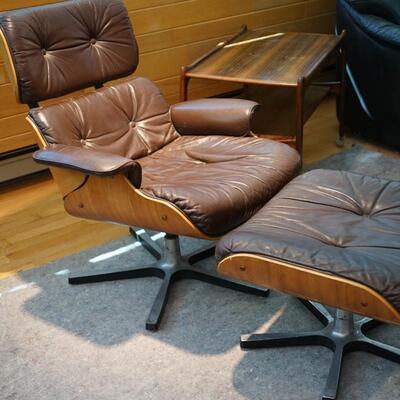 TEAK FRAME EAMES FOR HERMAN MILLER CHAIR AND OTTOMAN BROWN LEATHER