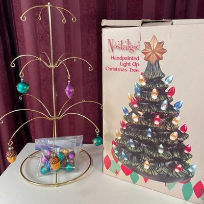 Lot 68  Nostalgic Ceramic Light-Up Tree and Wire Tree w/ Small Ornaments