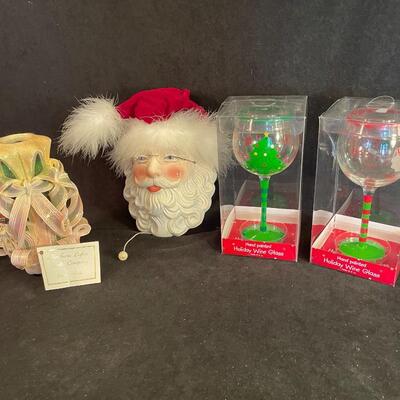 Lot 69  Alaska Candle, Christmas Wine Glasses and Santa Face Music Box