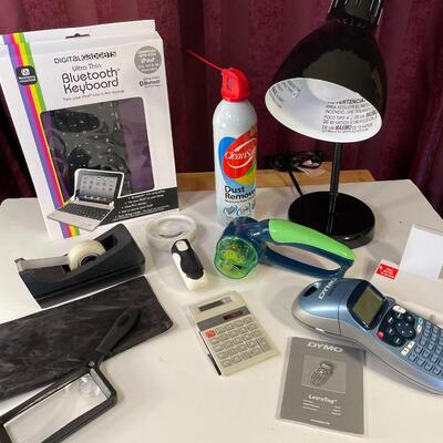 Office Supplies and Lamp. iPad Bluetooth Keyboard, Dymo Label Maker, etc.