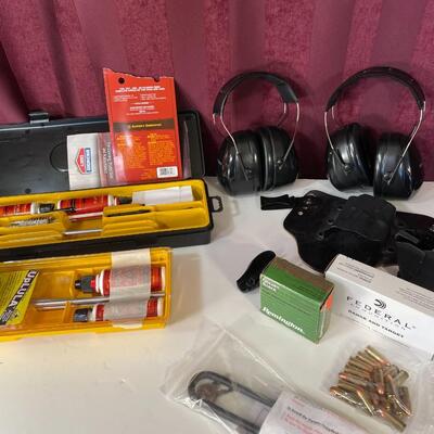 Lot 76  Gun Ammo, Cleaning Kits, Headphones/Muffs, and Halsters