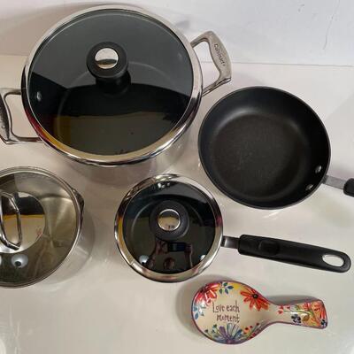 Lot 128  Stock Pot and Miscellaneous Pans, with Spoon Rest