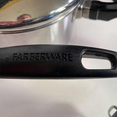 Lot 130  Farberware Pot  w/ Strainer, Farberware Pans, Misc. Red Saute Pan, and Spatter Screen