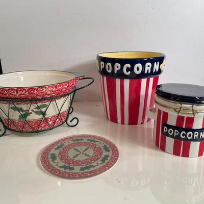 Lot 131  Novelty Ceramic Kitchenware - Holly Trivet & Serving Dish and Popcorn Bowl and Canister.