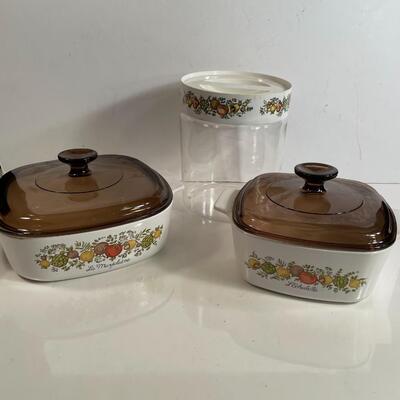 Lot 140  Corning Ware with Lids.  Mushroom & Vegetable Pattern.