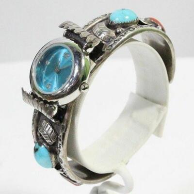 Navajo  sterling silver  turquoise  and red coral watch in working condition sighned by artist 62 g