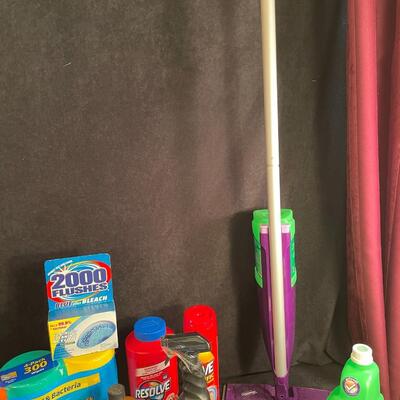 Lot 152  Swiffer Wet Mop, Clorox Wipes, Step Stool, Goo Gone, Softsoap, Basket, & Misc Cleaning Items