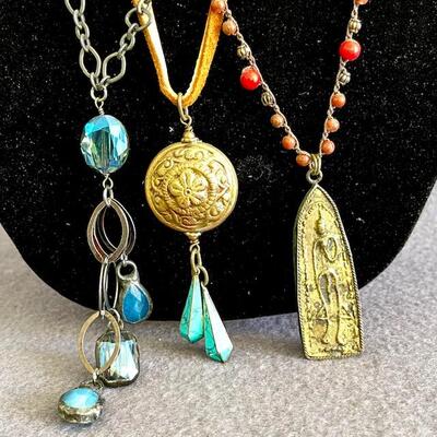 Lot 31 Group of 3 Pendant Necklaces Leather Turquoise Brass Acrylic Stone