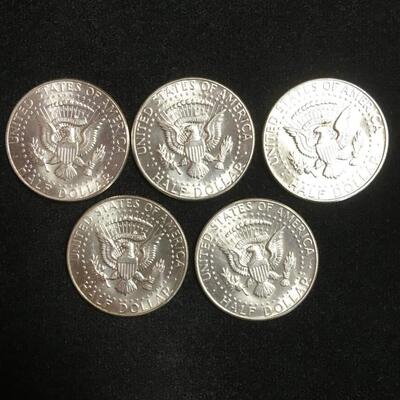 5 Brilliant uncirculated  1964 silver kennedy half dollars