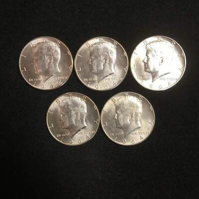 5 Brilliant uncirculated  1964 silver kennedy half dollars