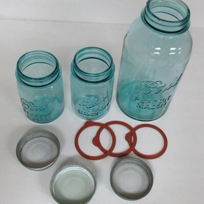 3 Vintage Teal Ball Mason Canning Jars, 2 Different Front Pints, 1 Half Gallon