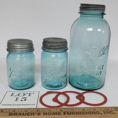 3 Vintage Teal Ball Mason Canning Jars, 2 Different Front Pints, 1 Half Gallon
