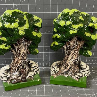 Hand Decorated Tree Book ends by Leo dated 1978