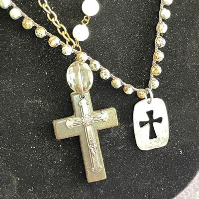 Lot 33 Group 0f 3 Necklaces Cross Pendant Faux Pearls Knotted Beaded