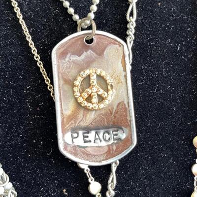 Lot 34 Group of 3 Necklaces Pendants Dog Tags Peace/Love Sign Faux Stone