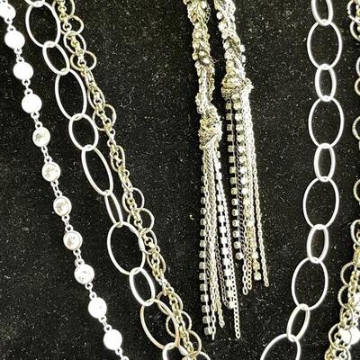 Lot 36  Group of 3 Necklaces Silver Tone Lariat Twisted Chain Link Clear Crystal Rhinestones