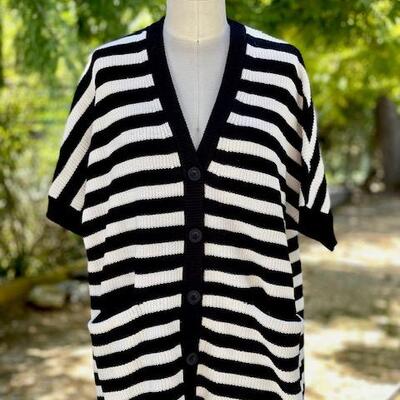 Lot 46 Black White Stripe Cardigan Sweater Cabi Size M  100% Cotton Short Sleeve