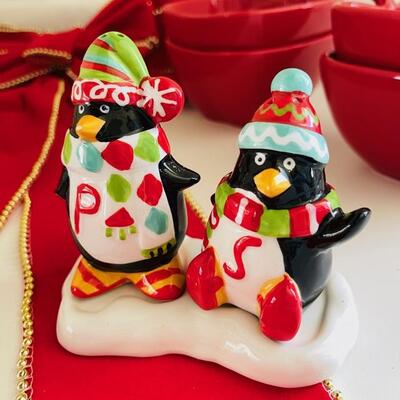 Lot 58 Christmas Decorations Large Red Bow Salt & Pepper Penguins Apple Bowls