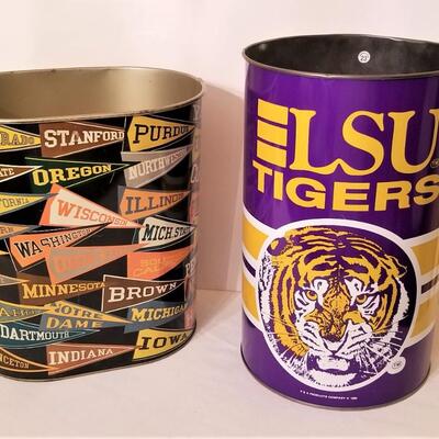 Lot #94  Two vintage metal wastebaskets with Team names, one LSU