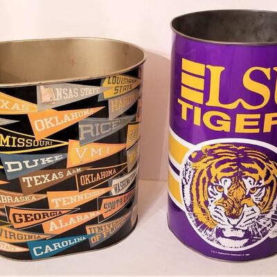 Lot #94  Two vintage metal wastebaskets with Team names, one LSU