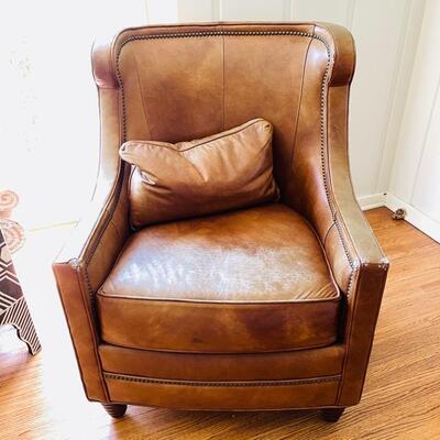 Lot 69 #2 Custom Made Leather Arm Chair Wing Back Style Vanguard Furniture Hickory NC AS IS