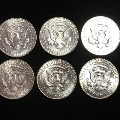 6 uncirculated kennedy half dollars 40 % silver 1965 through 1970