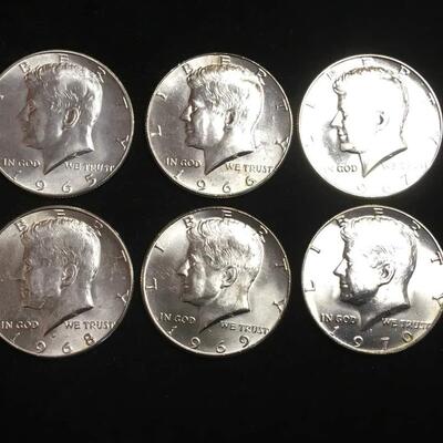 6 uncirculated kennedy half dollars 40 % silver 1965 through 1970