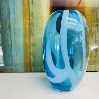 Lot 102   C&B Blue Glass Vase Swirl Pattern Blown Glass