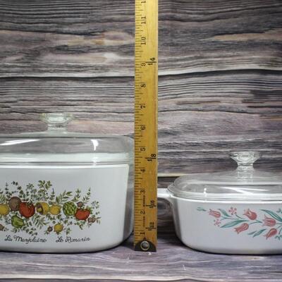 Pair of Vintage Corning Ware 5 Quart Spice of Life Kitchenware and Rosemarie Tulip Dish