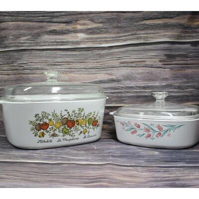 Pair of Vintage Corning Ware 5 Quart Spice of Life Kitchenware and Rosemarie Tulip Dish