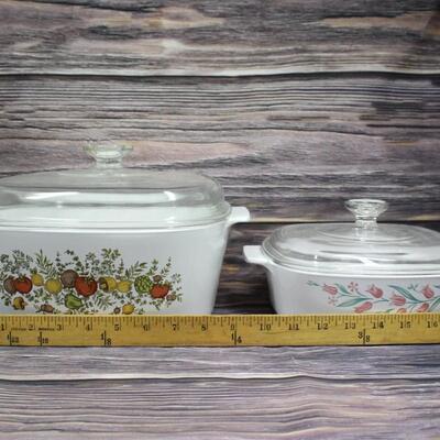Pair of Vintage Corning Ware 5 Quart Spice of Life Kitchenware and Rosemarie Tulip Dish
