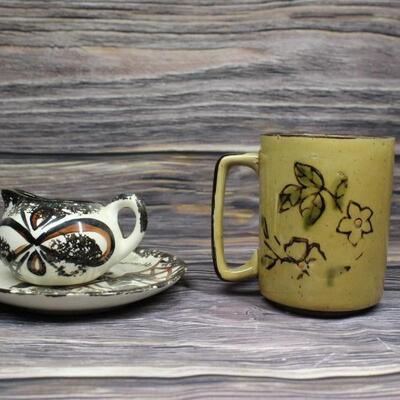 Vintage Floral and Native Pattern Ceramic Pottery Cups Hawaii Korea