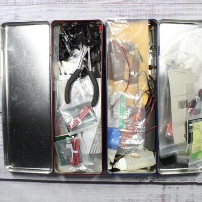 Lot of Miscellaneous Model Train Parts Tools Wires In Collector Cigarette Tins