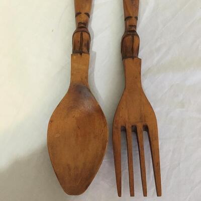 Vintage Hand Carved  Wooden Serving Spoon & Fork