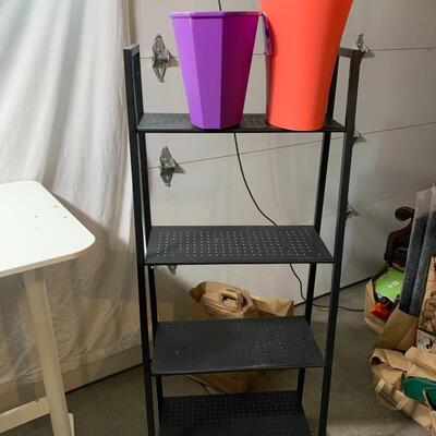 #374  Metal Shelf & 2 Garbage Cans