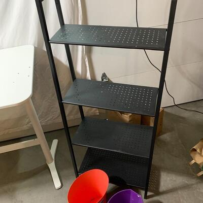 #374  Metal Shelf & 2 Garbage Cans