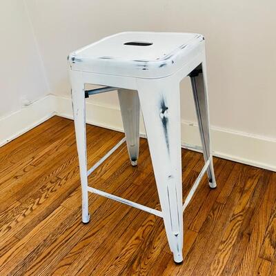 Lot 128 Contemporary Metal Stool Distressed White Finish 24