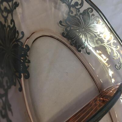 Vintage pink  Divided 2 Compartment Silver Overlay Glass  Dish