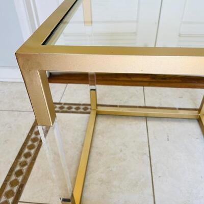 Lot 136 Glass & Lucite Cube Side Table Gold Metal Frame