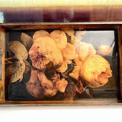 Lot 180st Wooden Serving Tray Floral Picture Inserted Under Glass