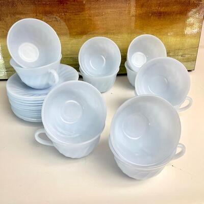 Lot 182st Set of 12 Fire King Glass Cups & Saucers Opalescent Blue