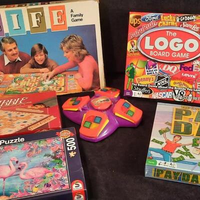 Lot 199  Board Games (Qty 5) & 1 Puzzle: Life, Scrabble, The Logo Board Game - NEW