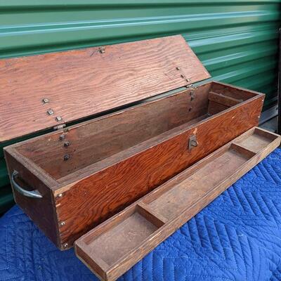 Antique Wood Workman's Hinged and Locking Tool Chest/Box Original Wood Interior Tray
