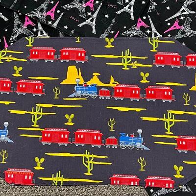 10 Cloth placemats, homemade, Paris Eiffel tower on one side, trains on the other side