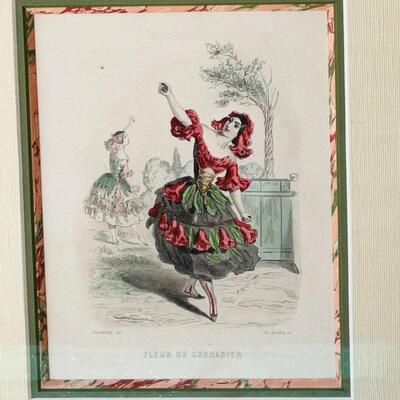 Lot 196st  Framed Antique Pair of Hand Colored French Fashion/Costume Engravings Fleur de Granades