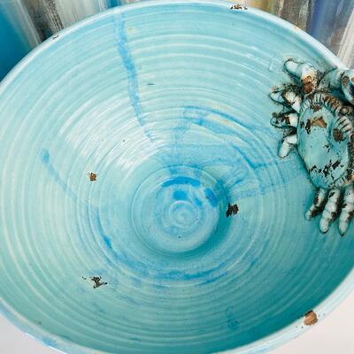Lot 197st  Large Terra Cotta Footed Bowl w/Applied Octopus & Crab Blue Glaze Made in Italy