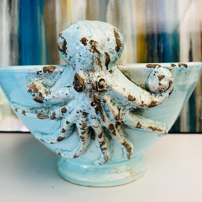 Lot 197st  Large Terra Cotta Footed Bowl w/Applied Octopus & Crab Blue Glaze Made in Italy
