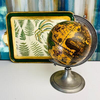 Lot 199st   Italian Gesso Tray w/Fern Motif and Decorative Globe