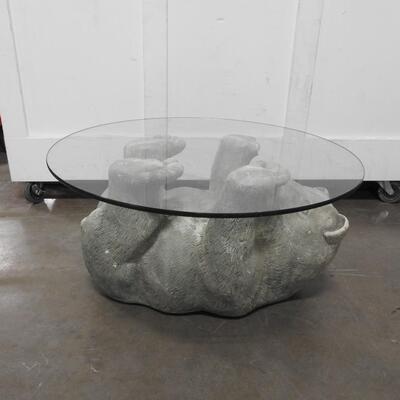 Stone Bear Table, One Broken Paw, Circular Glass Table Top